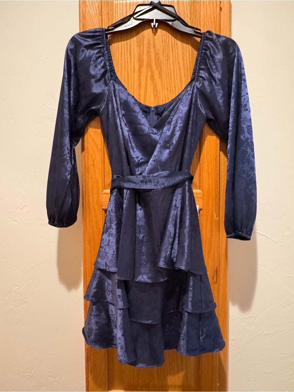 B Darlin Navy Satin Ruffle Long-Sleeve Dress